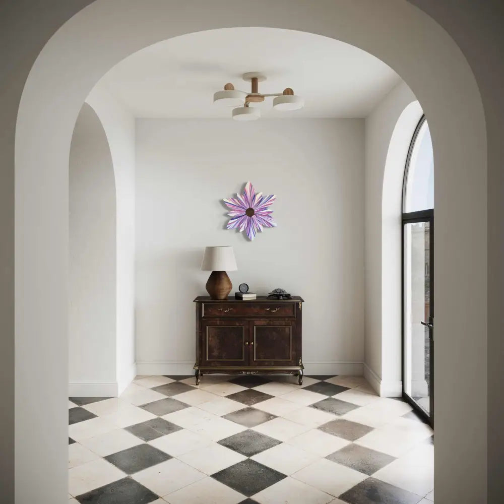 Front door wood flower decor with cotton candy design in a hallway setting.