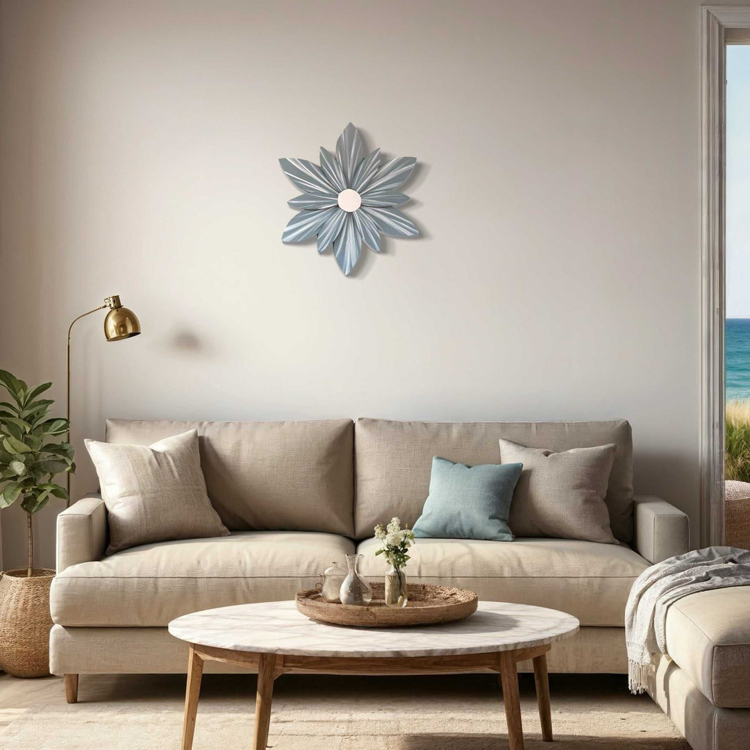 Handcrafted wooden flower art wall decor in a stylish living room.