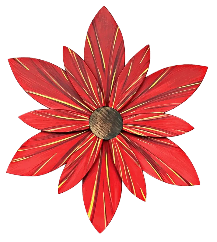 Wooden red and gold flower door decoration made from pine wood.