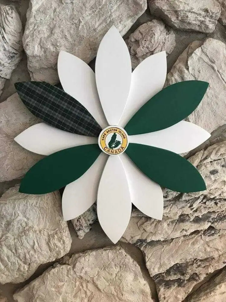 Wooden flower art with Cape Breton tartan design, handcrafted and painted for home decor.