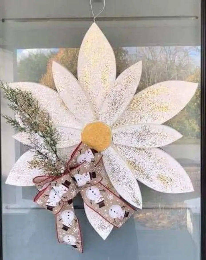Christmas wooden flower door decoration with hand-painted petals, durable wire hanger, and festive ribbon, 22 inches.
